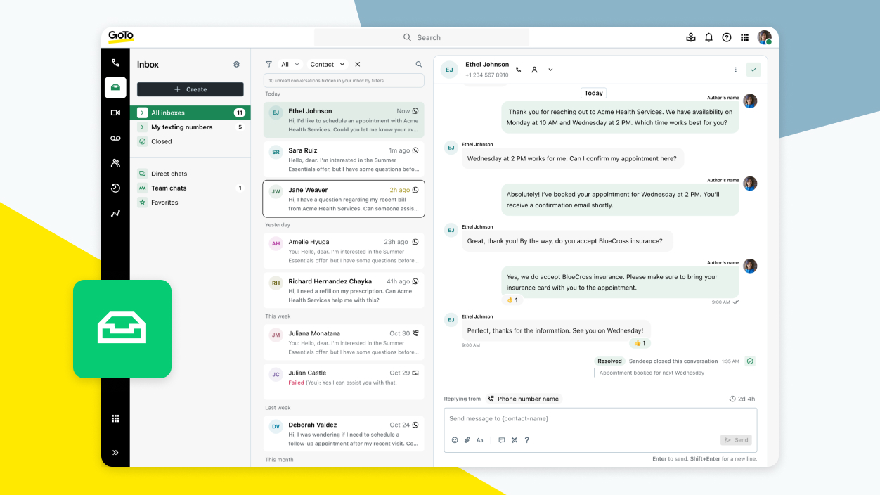 Die Oberfläche des GoTo-Connect-Posteingangs wurde aktualisiert, um die Leistung und das Design der Nachrichtenverwaltung zu verbessern.