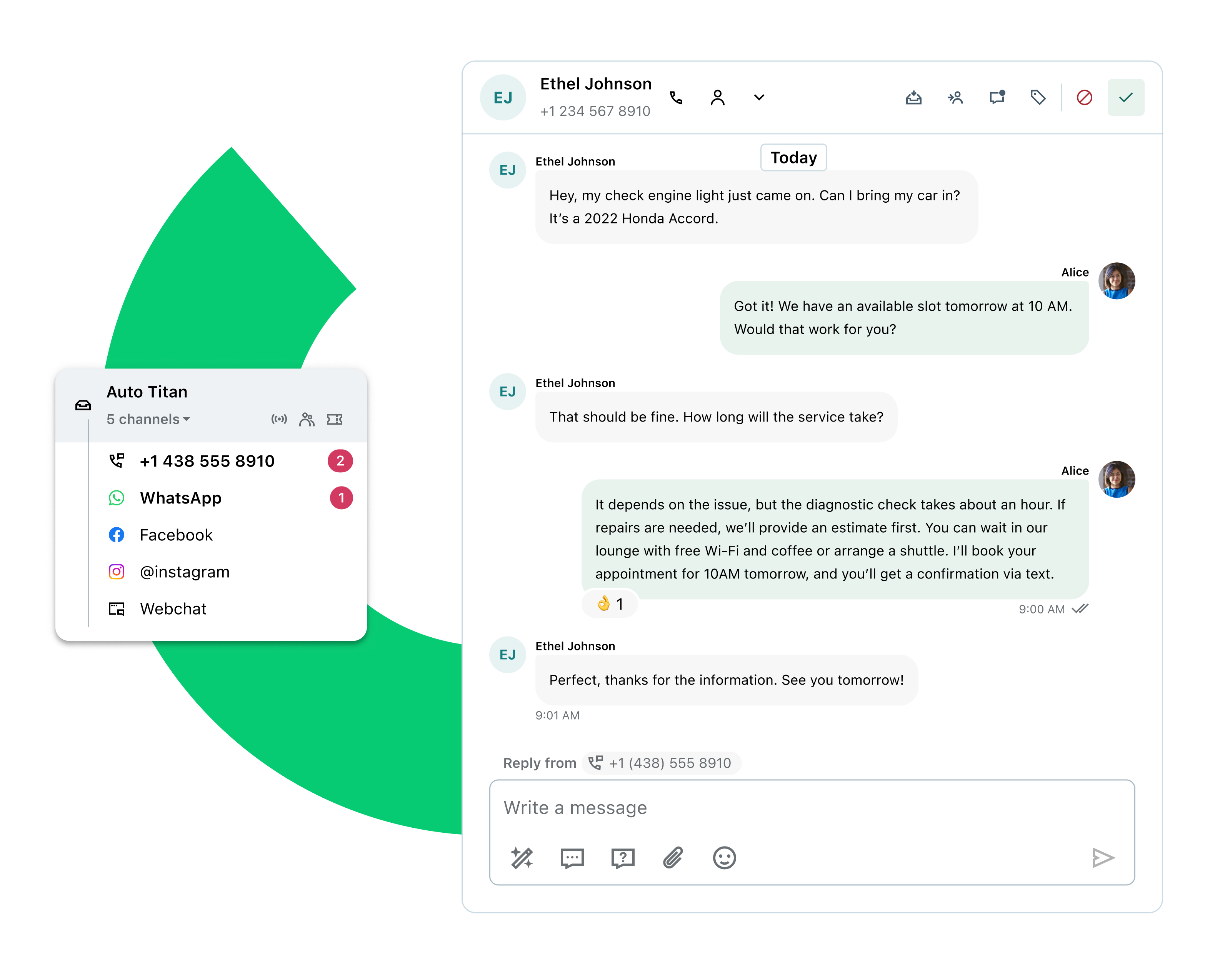 Chat-Oberfläche, die eine Konversation zwischen Techniker:innen und Kunden:innen zeigt, integriert in mehrere Kommunikationskanäle, darunter WhatsApp, Social Media, SMS und Web-Chat.