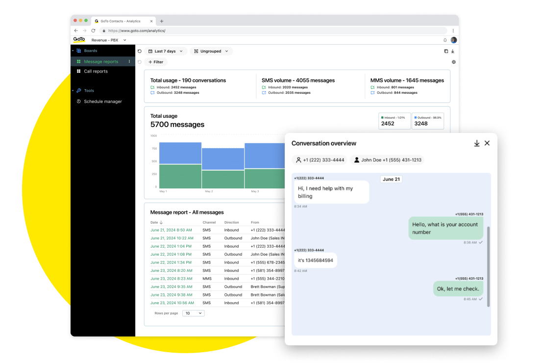 Ein Screenshot der GoTo-Connect-Nachrichtenberichte mit einem Popup-Fenster für die Konversationsübersicht, das eine Synchronisierung der Daten in Echtzeit ermöglicht, um sofortige Einblicke in die Kundenbeziehungen zu bieten.