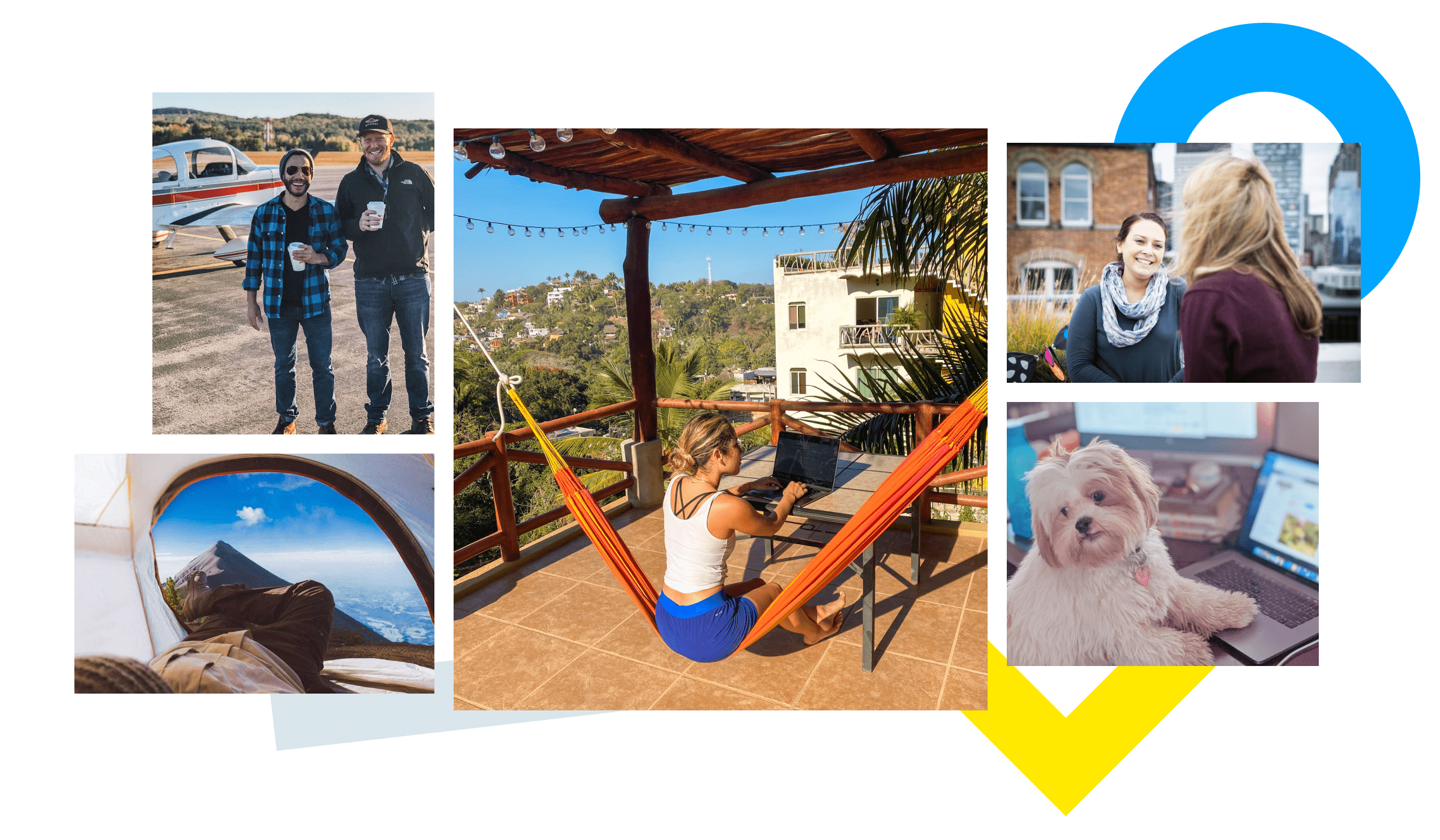 Collage aus Bildern eines flexiblen, ortsunabhängigen Arbeitsplatzes