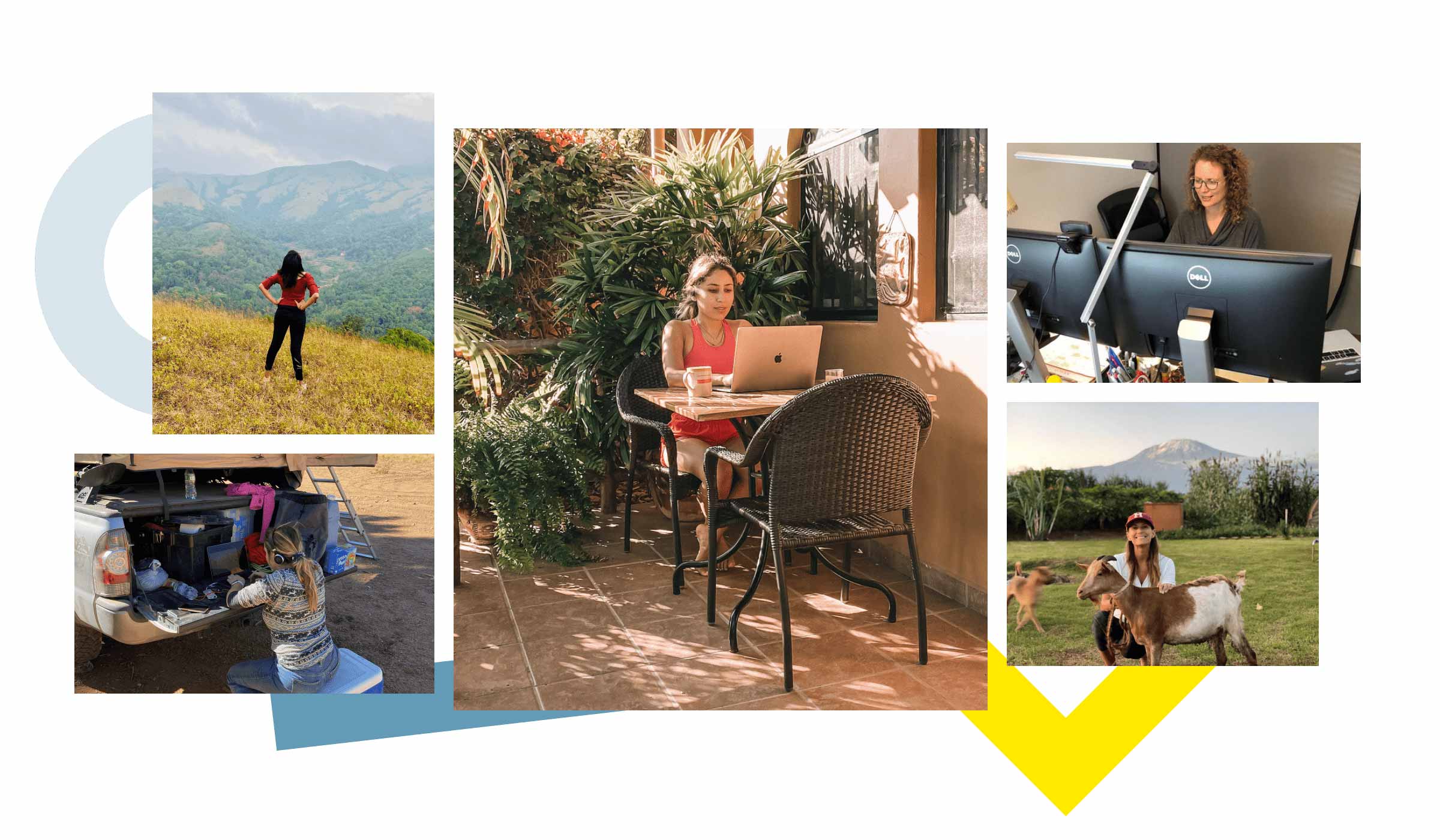 Collage aus Bildern eines flexiblen, ortsunabhängigen Arbeitsplatzes.