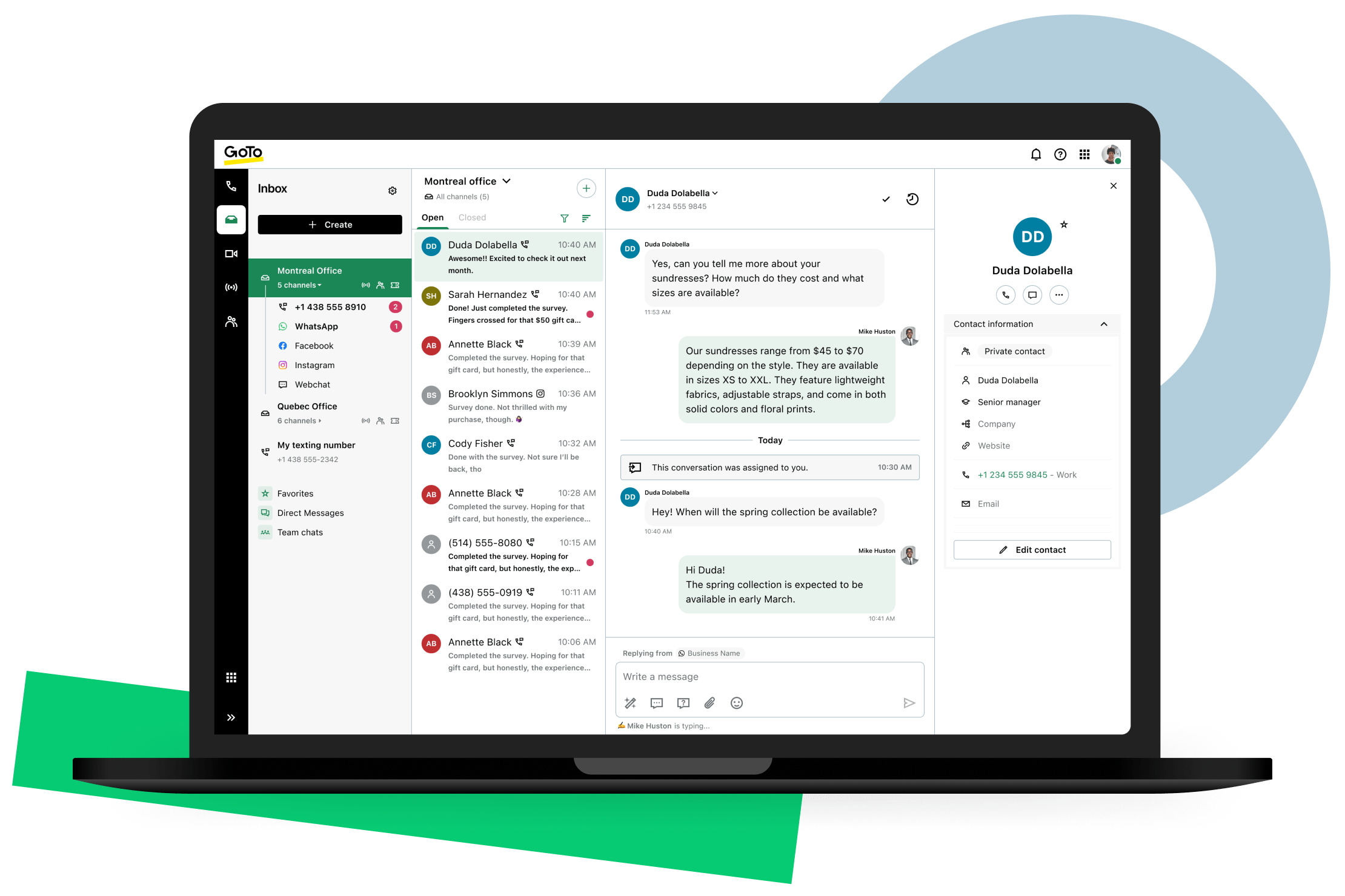 Der Bildschirm zeigt einen gemeinsamen Posteingang in GoTo Connect Customer Engagement mit Kundengesprächen über WhatsApp, Social Media, SMS und Webchat, um individuelle Antworten und die Zusammenarbeit im Team zu ermöglichen.