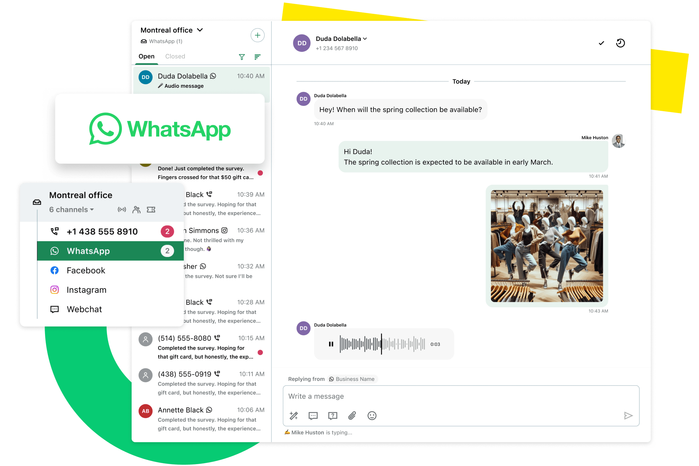 Der Bildschirm zeigt den WhatsApp-Posteingang von GoTo Connect Customer Engagement mit einer in Echtzeit personalisierten Kundenunterhaltung.