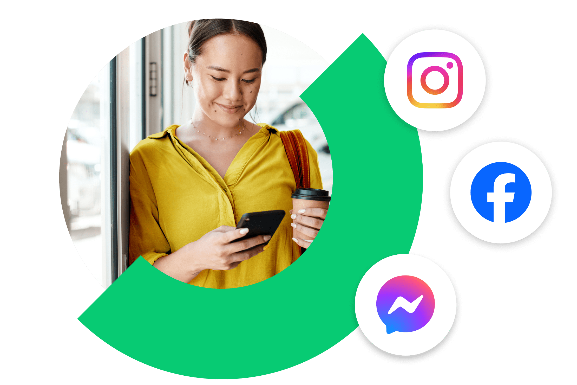 Ein junges Teammitglied greift unterwegs mit einem Smartphone auf Social Media-Plattformen zu, etwa Instagram, Facebook und Facebook Messenger.