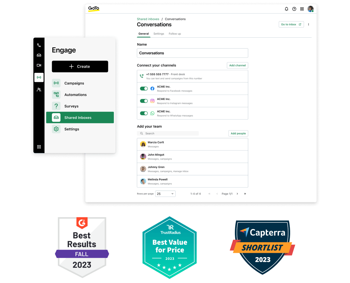 Der prämierte gemeinsame Posteingang von GoTo Connect, der auf der Seite zu Chatunterhaltungen angezeigt wird, bietet Optionen für die Vernetzung über Kanäle wie SMS und Social Media und das Hinzufügen von Teammitgliedern.