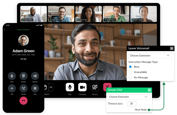 Bildschirme zeigen die Funktionen von GoTo Connect für Telefonie, Videokonferenzen und Wählpläne.