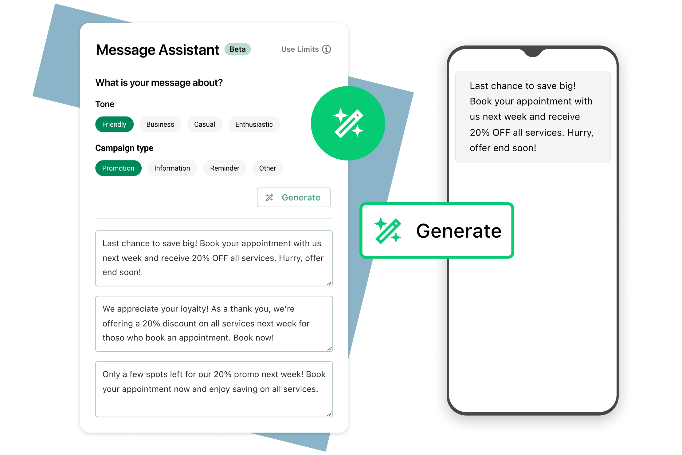 Collage des KI-Messaging-Assistenten in GoTo Connect, „Generieren“