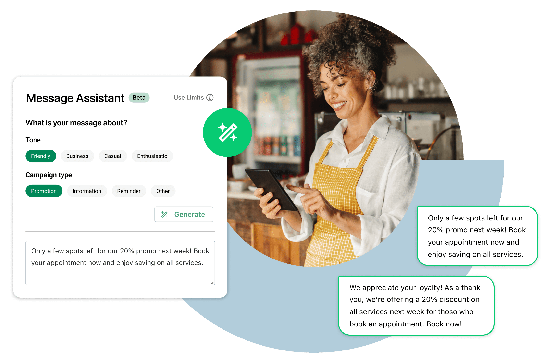 Collage mit einer lächelnden Mitarbeiterin mit einem Tablet, die mithilfe des KI-gestützten Messaging-Assistenten personalisierte Nachrichten generiert.