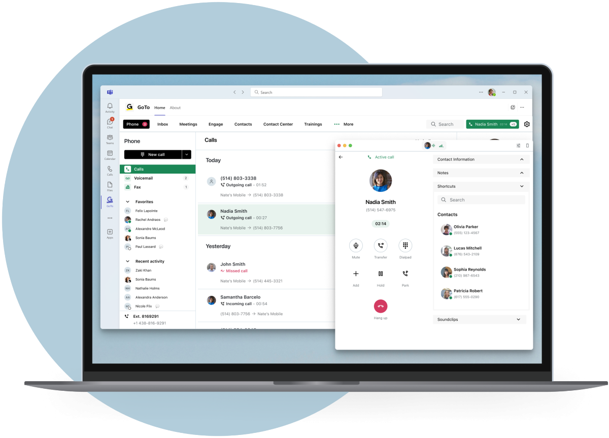 Bildschirme zeigen GoTo Connect, das in die Microsoft Teams-App integriert ist, mit der Anrufverarbeitung.