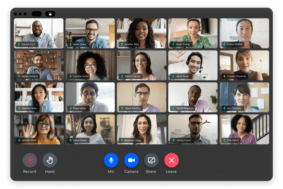 Zu sehen sind 20 Teilnehmer, die ihre Webcams eingeschaltet haben und GoTo Meeting nutzen.