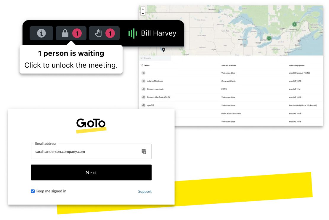 Benutzeroberfläche mit den Sicherheitsfunktionen von GoTo Meeting (Meeting-Sperre, sichere Anmeldung und Gerätezugriff).