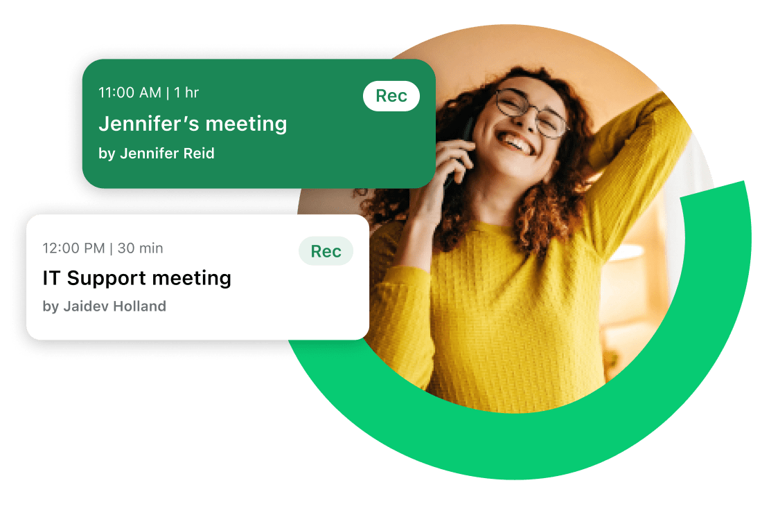 Startseite von GoTo Connect auf einem Mobilgerät, mit Telefon- und Voicemail-Optionen sowie Meetingdetails auf einen Blick