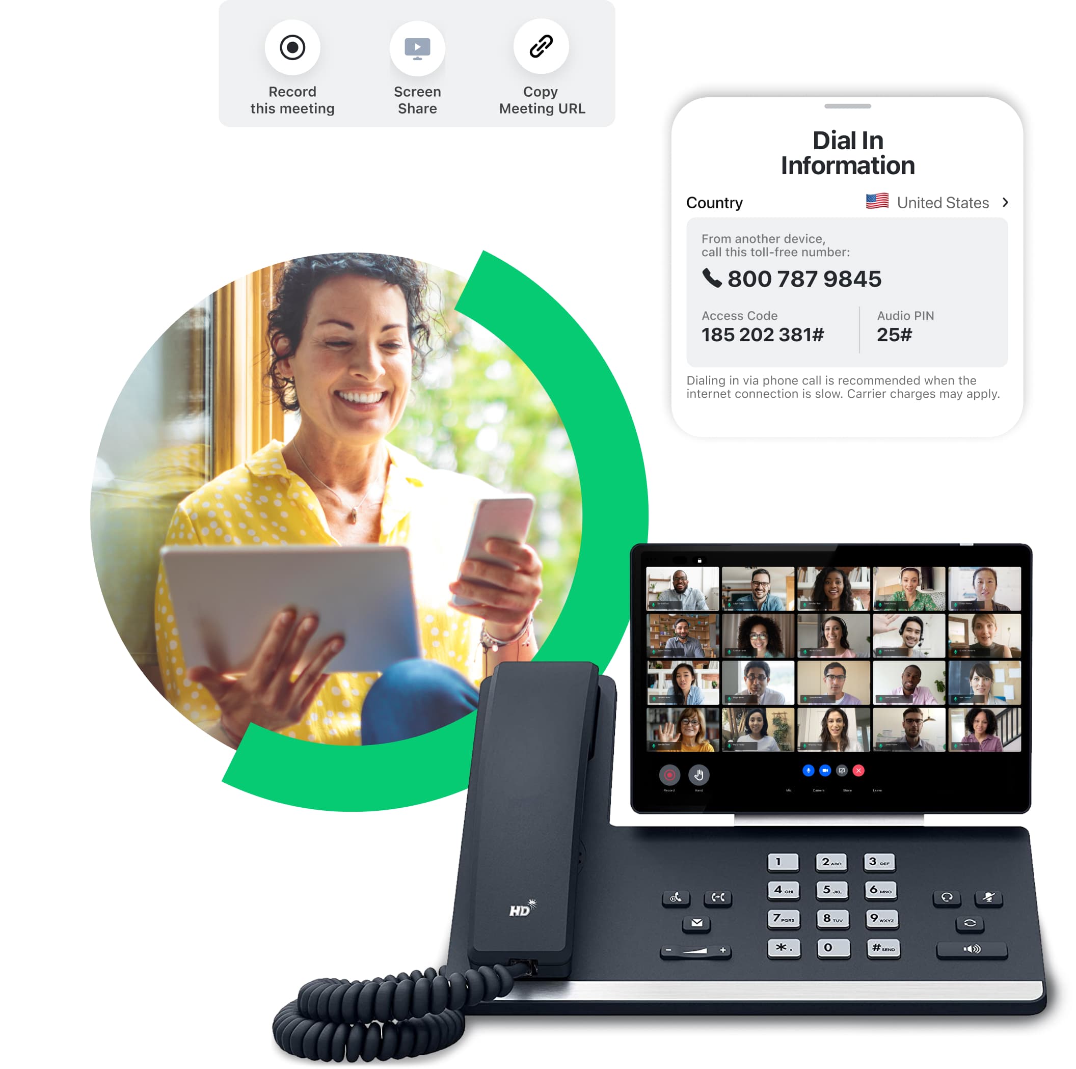 GoTo Connect-Benutzeroberfläche mit der Konferenzbrückenfunktion auf dem Tablet, Smartphone und Tischtelefon.