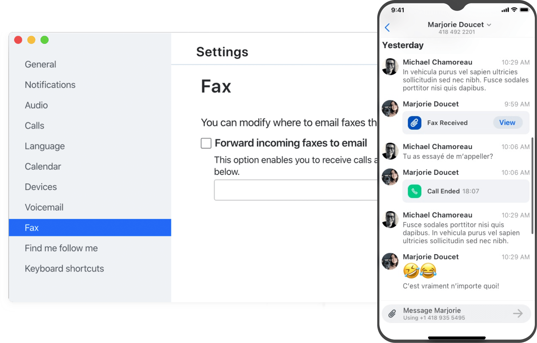 Einrichtung der Faxweiterleitung in GoTo Connect. Der E-Mail-Posteingang auf einem Mobilgerät zeigt weitergeleitete Faxe .