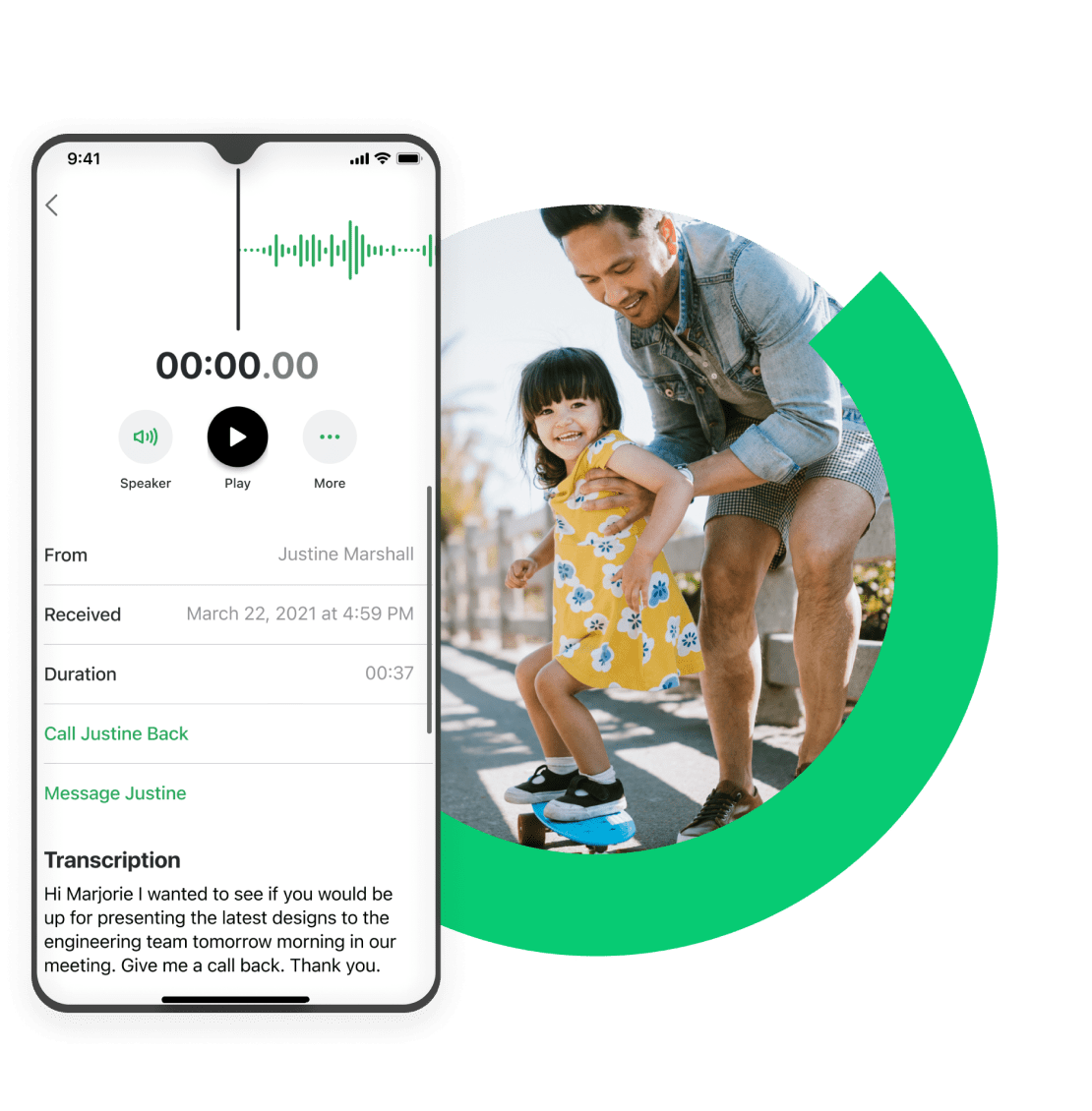 Collage des Voicemail-Posteingangs in GoTo Connect mit Audiotranskription sowie ein Vater, der seiner Tochter das Skateboarden beibringt.