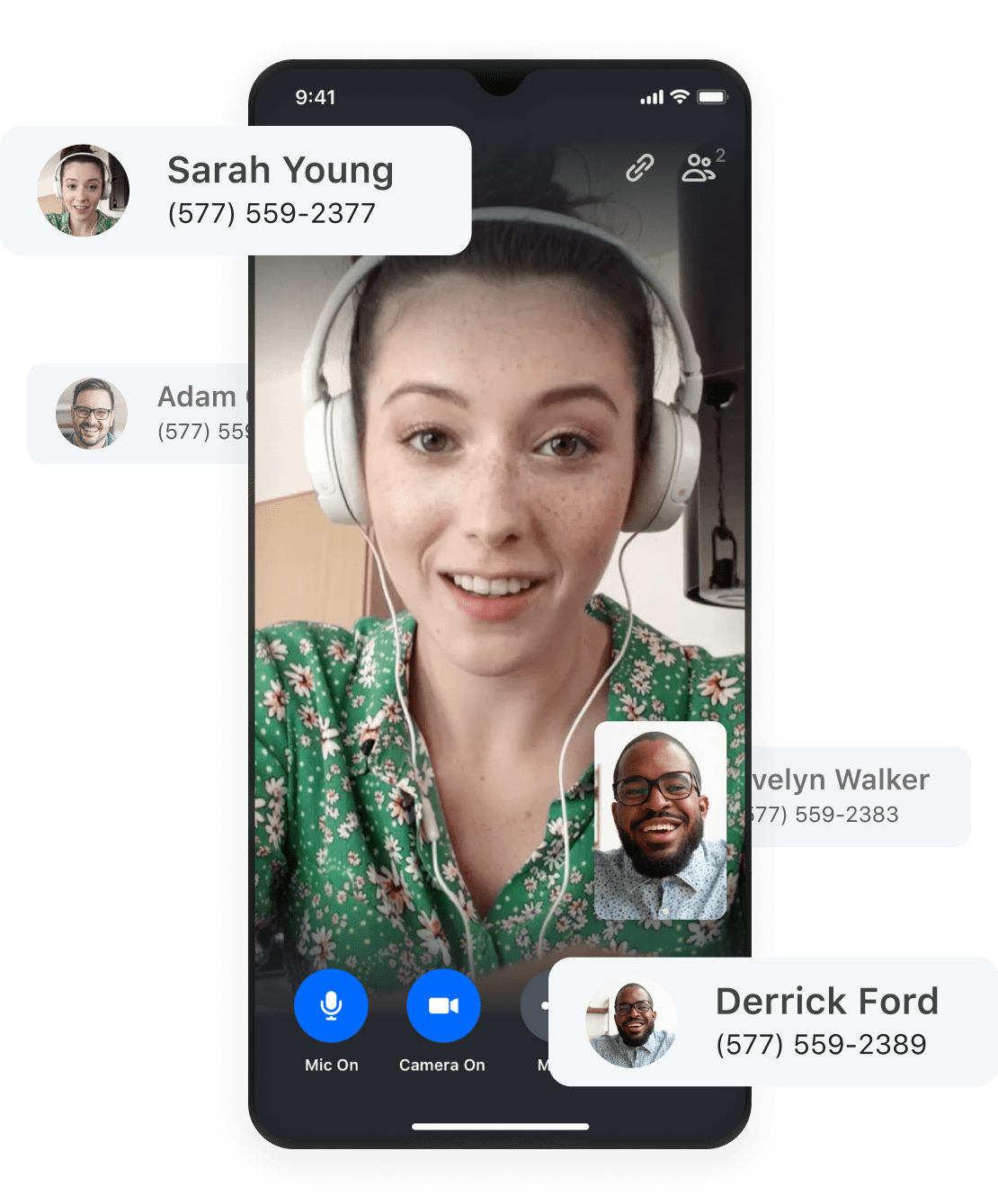 Ein GoTo Connect-Anruf geht auf dem persönlichen Telefon eines Mitarbeiters ein. Zu sehen sind die benutzerdefinierten Telefonnummern für andere Mitarbeiter.