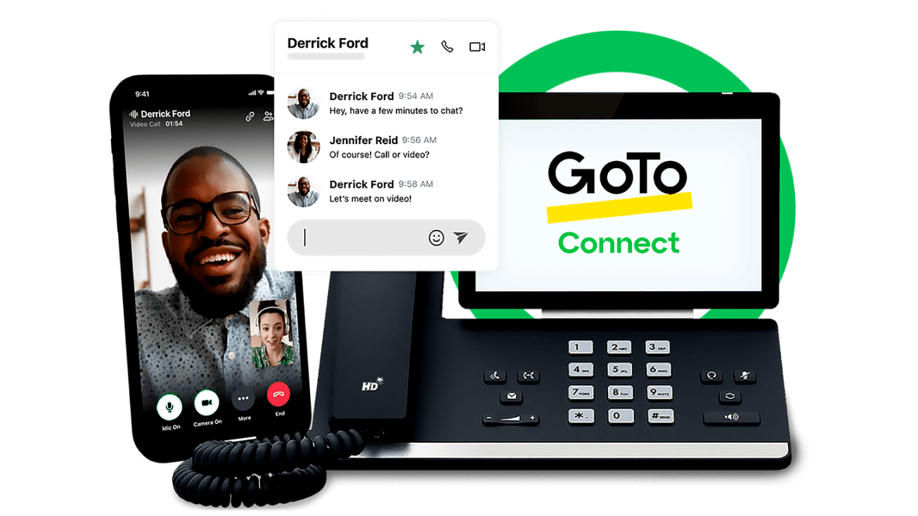 Demo der GoTo Connect-Tools, um in Kontakt zu bleiben, darunter die Telefonanwendung, der Chat und die Telefonanlagenintegration.