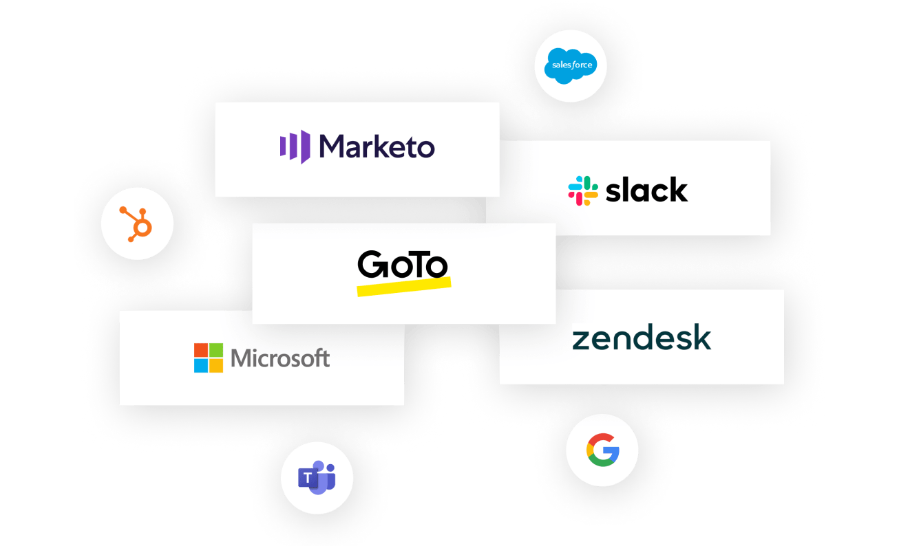 Eine Collage der vielen Tools, in die sich GoTo Connect integrieren lässt: beispielsweise Marketo, Salesforce, Slack, Hubspot, Microsoft, Zendesk, Teams und Google