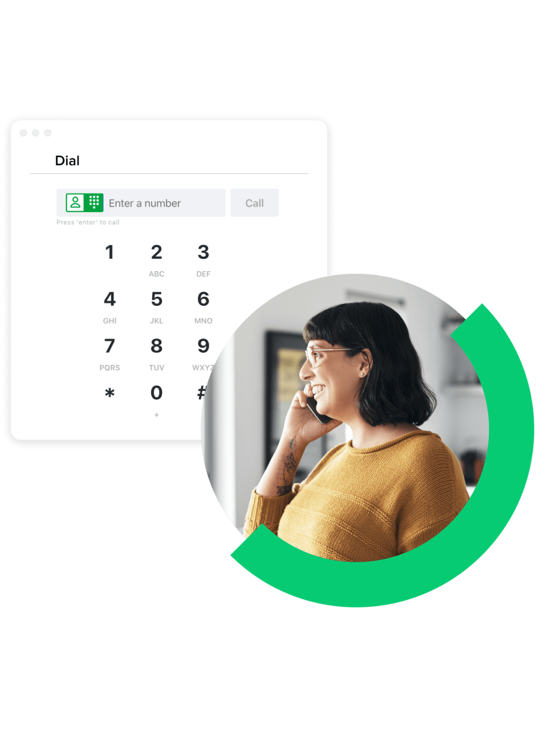 Eine Collage zeigt die Wähltastatur von GoTo Connect, die für Desktop- und Mobilgeräte verfügbar ist