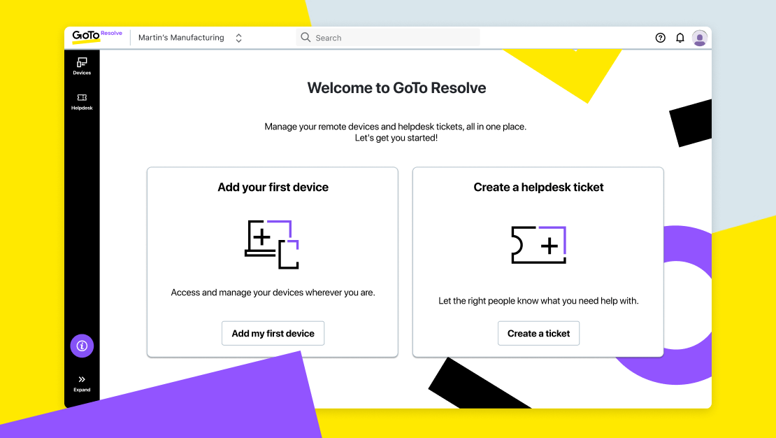 Ein Bildschirm der Desktop-App zeigt den neuen Onboardingvorgang von GoTo Resolve.