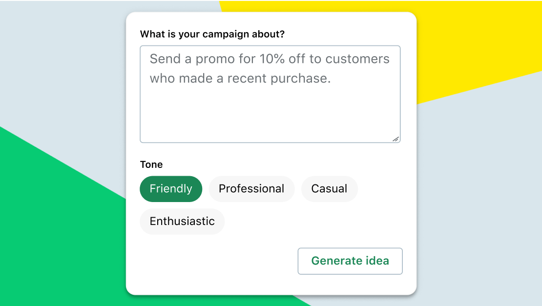 Ein Bildschirm zeigt die Aufforderung für den Messaging Assistant mit Tonfalloptionen wie freundlich, professionell, lässig und begeistert.