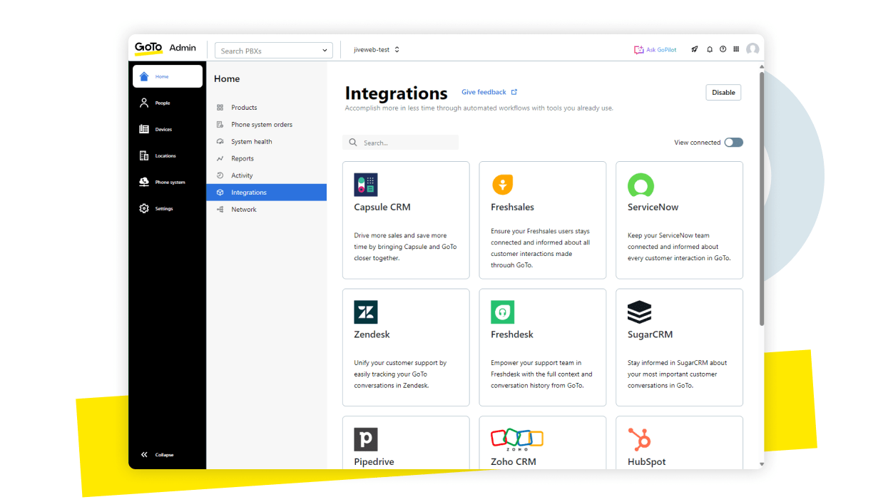 Dieser Screenshot der Integrationen in GoTo Connect zeigt, wie alle wichtigen Tech-Tools unter ein Dach gebracht werden.