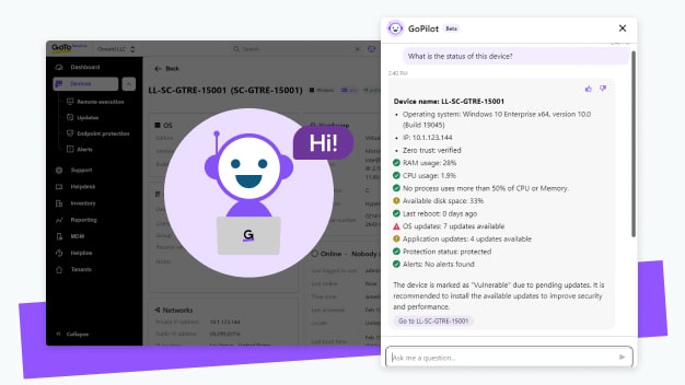 KI-gestützter Assistent von GoTo Resolve – Das GoPilot-Dashboard fasst Rückfragen an Techniker:innen als Einblicke und umsetzbare Maßnahmen zusammen.
