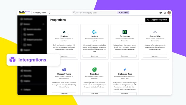 GoTo-Resolve-Integrationen für eine nahtlose und effiziente Bearbeitung von Tickets und die Verwaltung von Remotesitzungen.