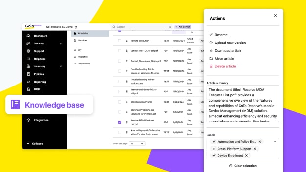 GoTo Resolve Knowledge Base (Beta) zum einfachen Erstellen, Speichern und Abrufen von Artikeln mithilfe KI-gestützter Funktionen.