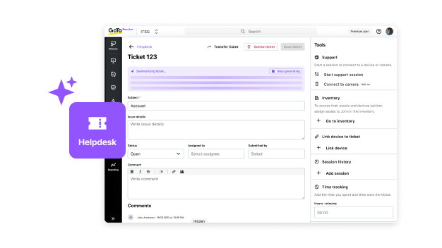 Das Helpdesk-Dashboard von GoTo Resolve zeigt die verbesserte Produktivität durch KI-gesteuerte Innovation und Automatisierung.
