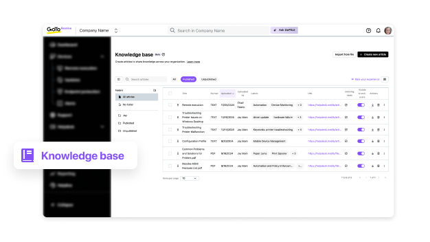Das Knowledge-Base-Dashboard von GoTo Resolve zeigt die leistungsstarken Verwaltungs- und Tracking-Tools für die IT-Umgebung.